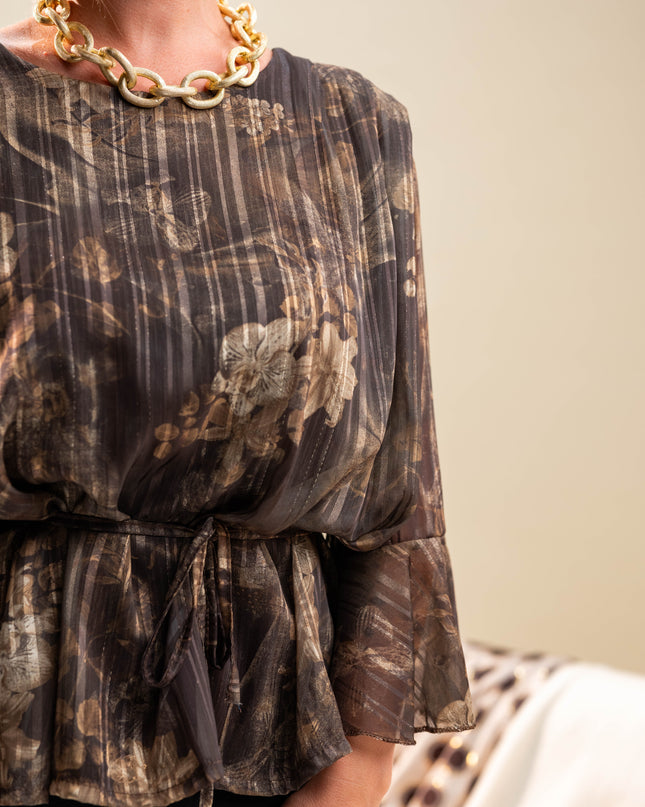 Rjava cvetlična bluza z vrvico