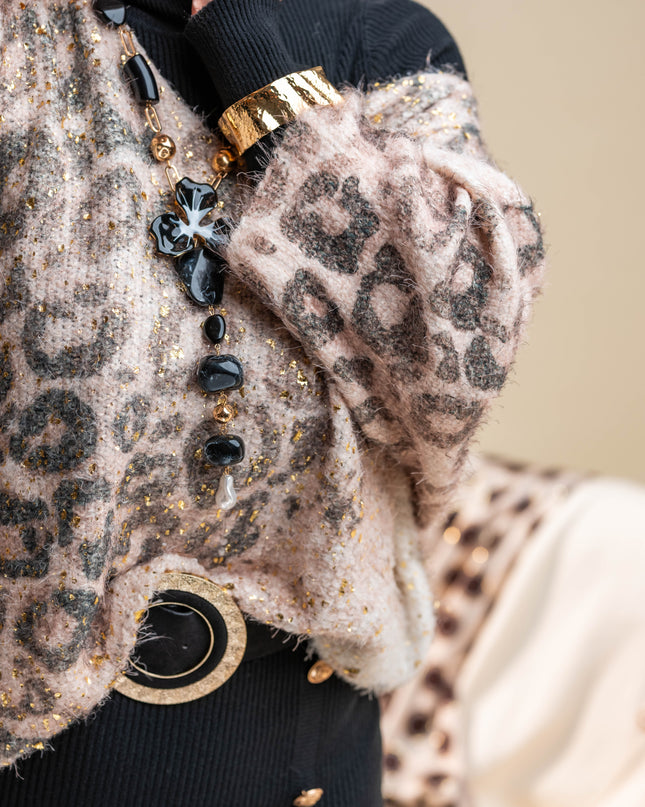 Bež pulover z zlatim živalskim potiskom