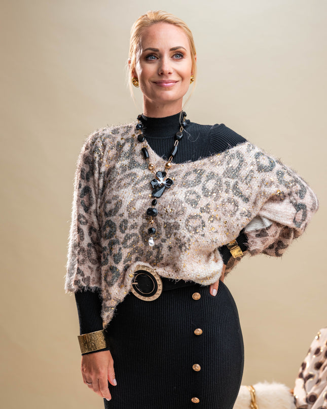 Bež pulover z zlatim živalskim potiskom