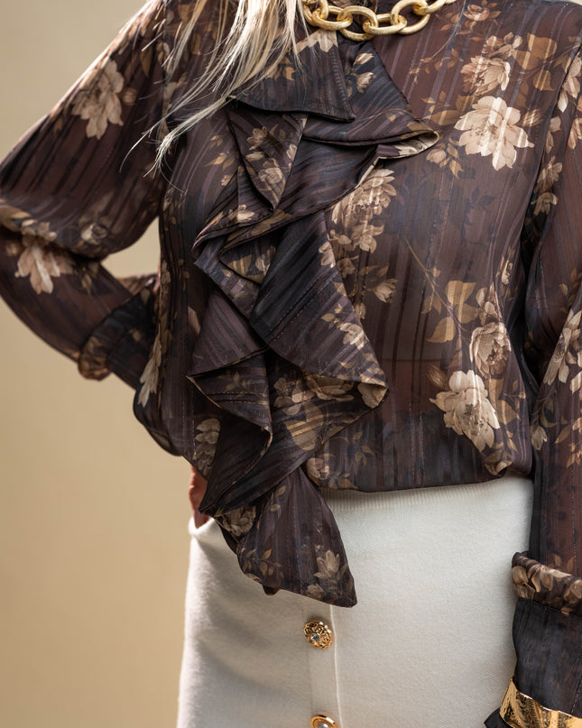 Rjava cvetlična bluza z volančki