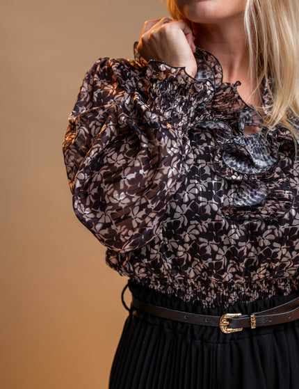 Črna cvetlična bluza z volančki