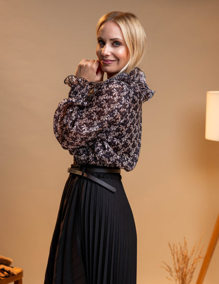 Črna cvetlična bluza z volančki