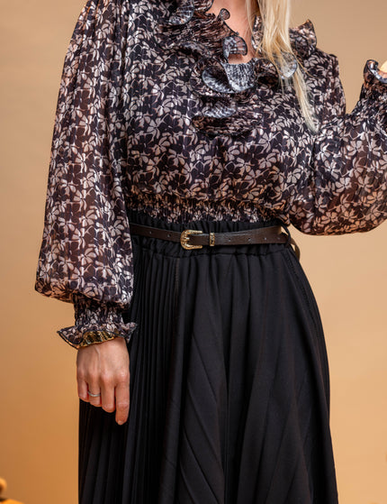 Črna cvetlična bluza z volančki