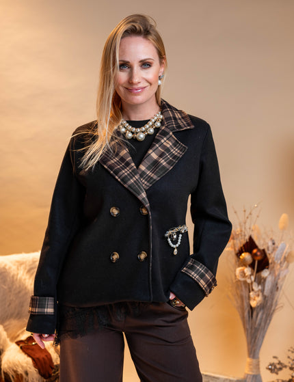 Kratka črna jakna s karirastim vzorcem