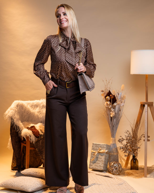 Elegantne rjave hlače z okrasnim rjavim pasom