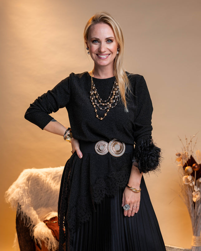 Asimetrična bleščeča črna tunika s čipko