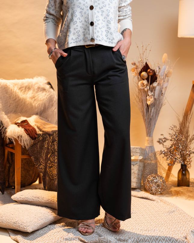 Elegantne črne hlače z okrasnim rjavim pasom