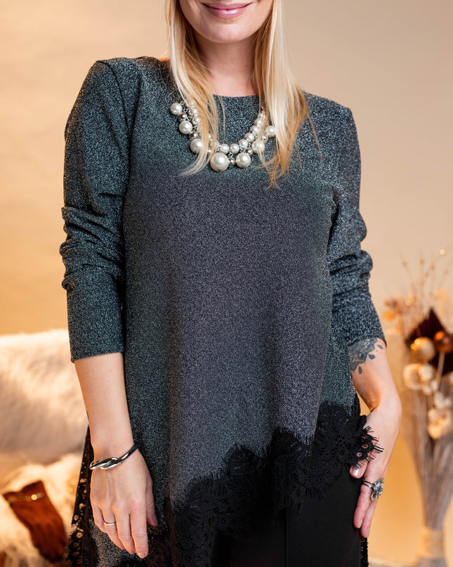 Asimetrična siva bleščeča tunika s čipko