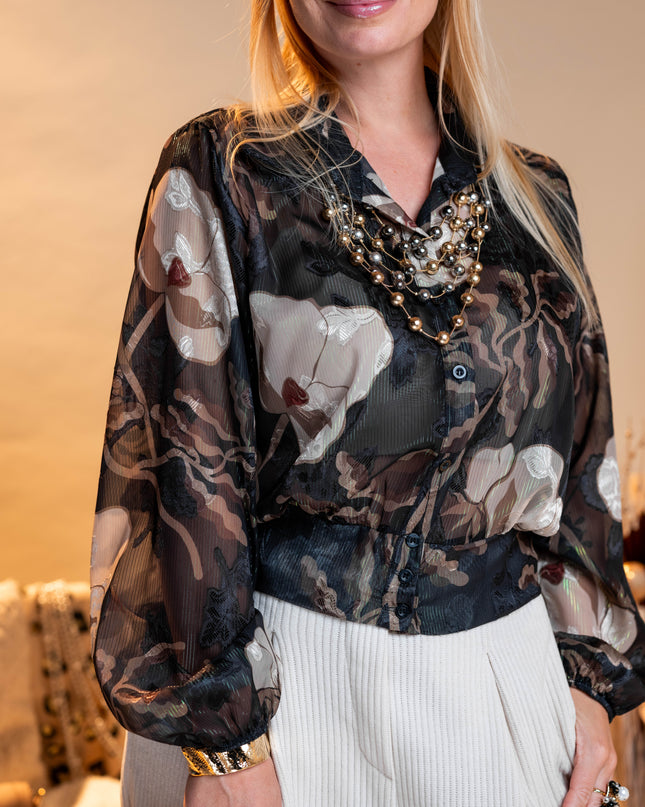 Črna cvetlična bluza z gumbi