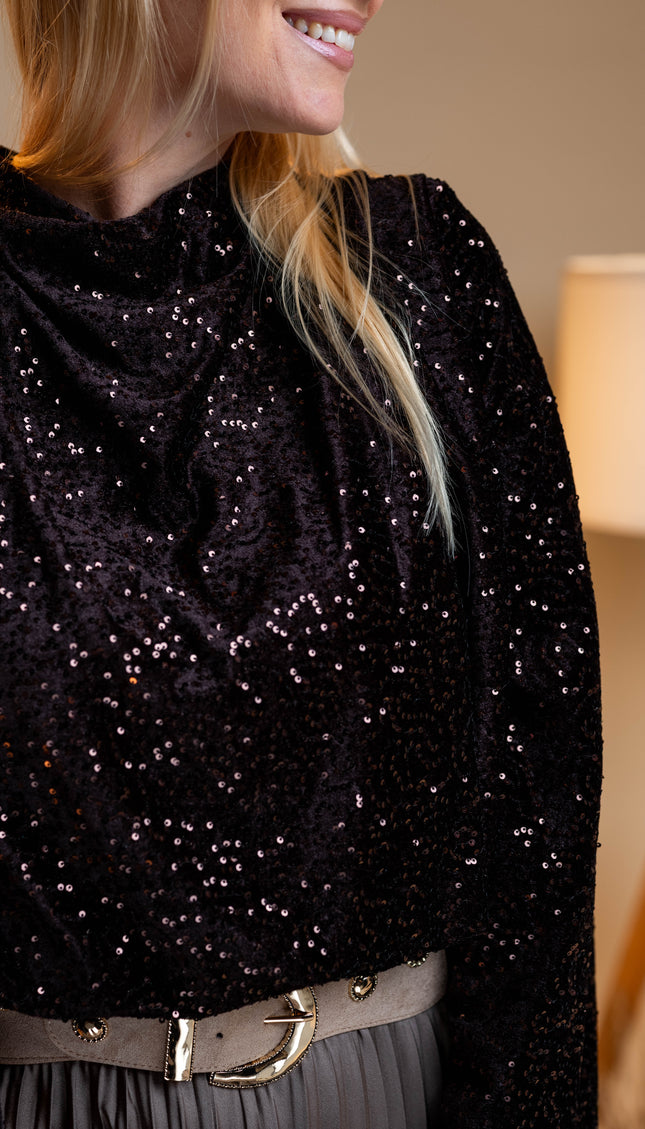 Črn bleščeč top z dolgimi rokavi