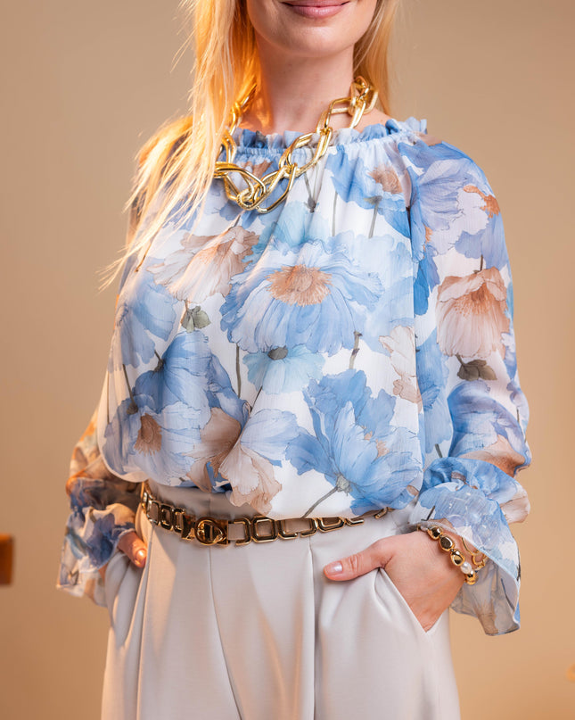 Modra bluza s cvetličnim vzorcem