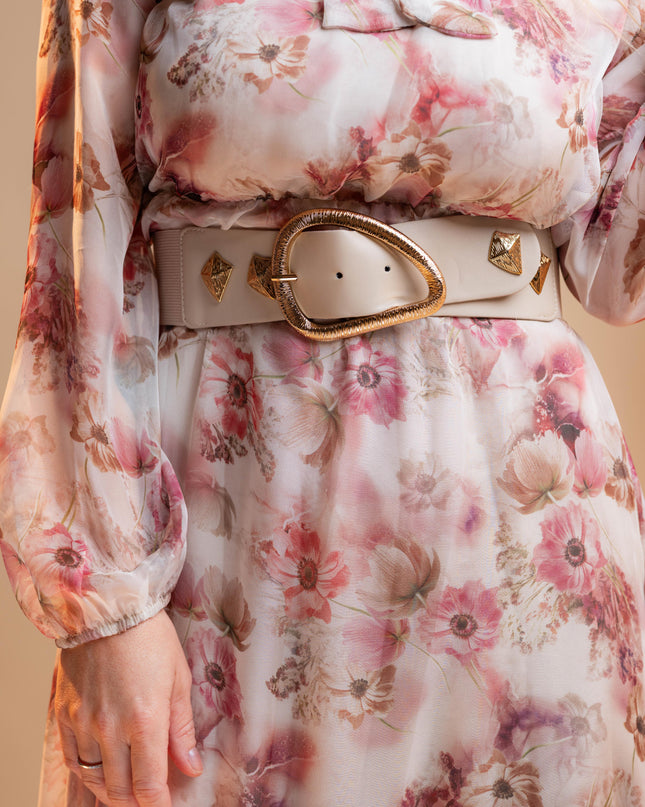 Dolga roza obleka s cvetličnim vzorcem