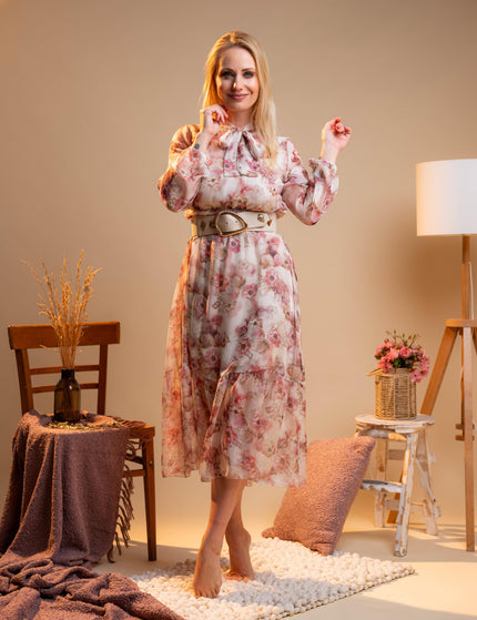 Dolga roza obleka s cvetličnim vzorcem