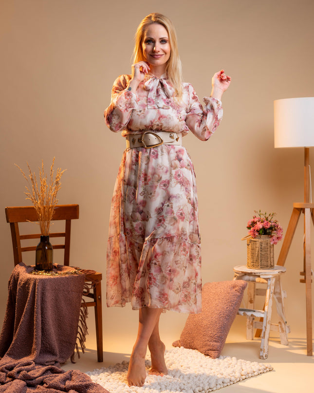 Dolga roza obleka s cvetličnim vzorcem