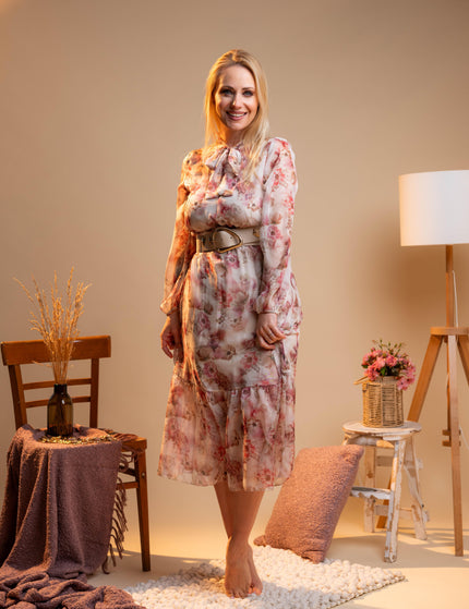 Dolga roza obleka s cvetličnim vzorcem