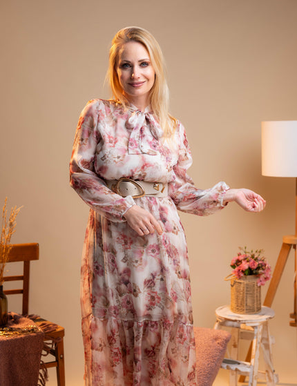 Dolga roza obleka s cvetličnim vzorcem