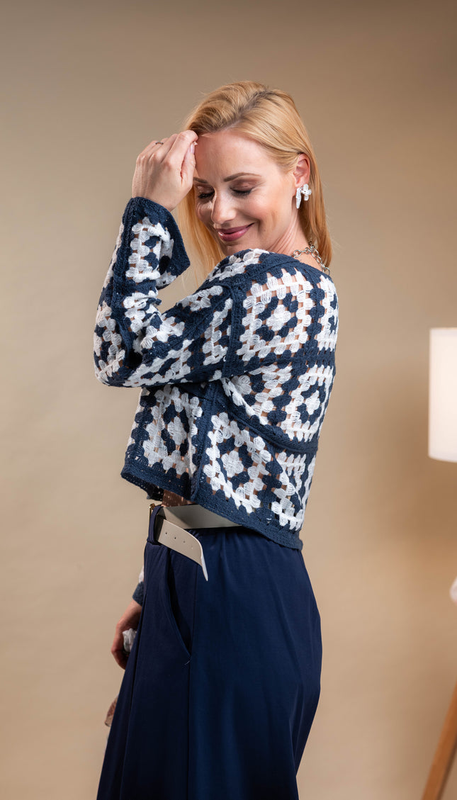 Pleten modro bel pulover